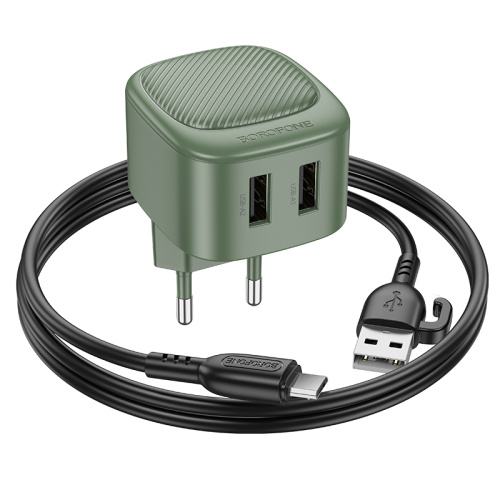 СЗУ micro USB (2,1A) "BOROFONE" BAS21A 2USB + кабель micro USB  Olive Green  фото 3