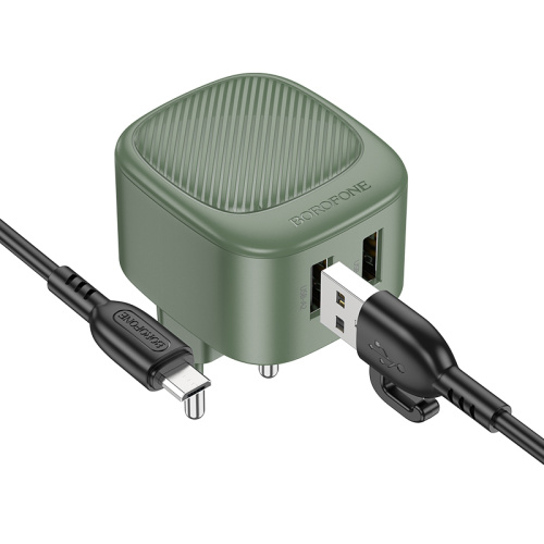 СЗУ micro USB (2,1A) "BOROFONE" BAS21A 2USB + кабель micro USB  Olive Green  фото 4