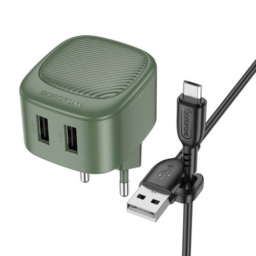 СЗУ micro USB (2,1A) "BOROFONE" BAS21A 2USB + кабель micro USB  Olive Green 