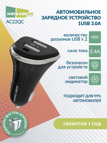 АЗУ с USB 2 выхода 2.4A/12W "More choice" AC22 (Black) фото 4