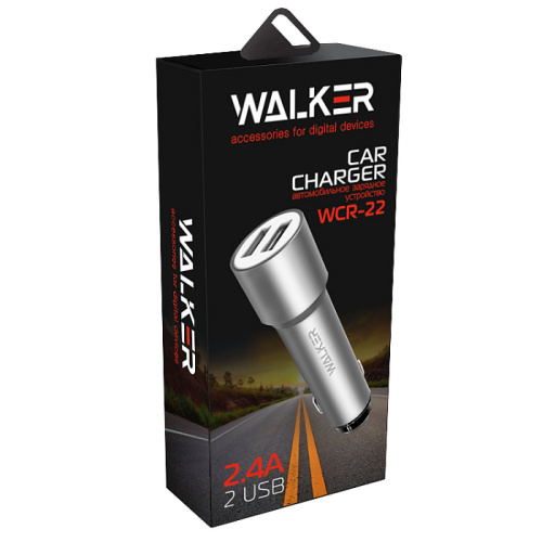 АЗУ с USB 2 выхода 2.4 A "WALKER" WCR-22 (удлиненный корпус) серый фото 2