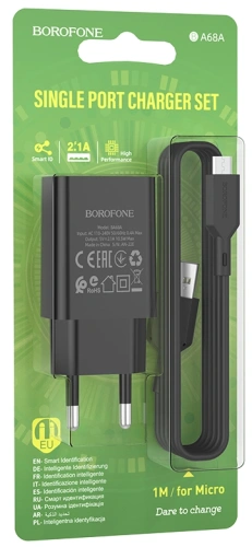 СЗУ micro USB (2,1A) "BOROFONE" BA68A + кабель micro USB  черный  фото 3